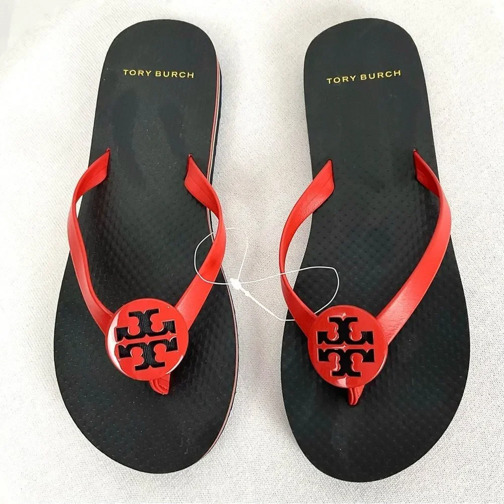 Tory Burch Minnie Flip Flops Sz 5 Logo Red Grenadine Thongs New Flat Sandals